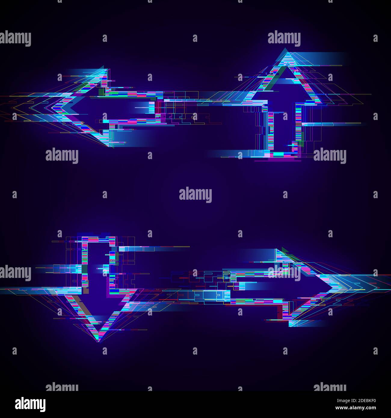 Set di frecce futuristiche cyberpunk glitch. Moderni indicatori luminosi con effetto di distorsione. Ottimo per eventi di musica elettronica promo design, giochi Illustrazione Vettoriale