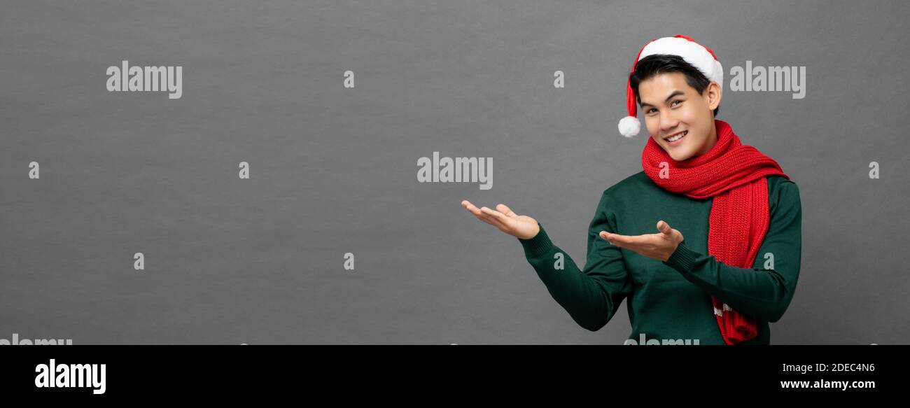 Ritratto di un uomo asiatico allegro che indossa abiti a tema natalizio con le braccia sollevate, studio girato su sfondo grigio banner con spazio copia Foto Stock