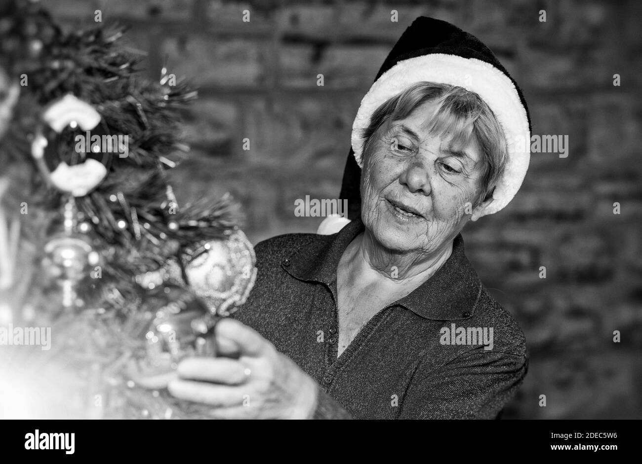 Felice anziana donna in pensione che indossa Santa Red Hat decorazione albero di Natale a casa. Foto Stock