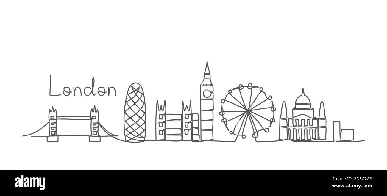 Londra una linea che disegna l'illustrazione di Londra nello stile della linea sopra sfondo bianco Illustrazione Vettoriale