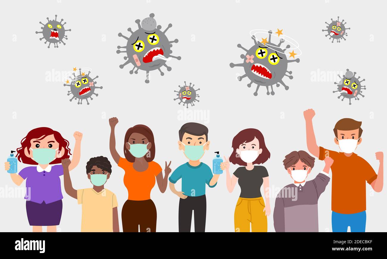 La gente che indossa le maschere mediche sta tenendo il gel di alcool. Combattiamo il coronavirus. Inibire la diffusione del virus COVID-19. Foto Stock