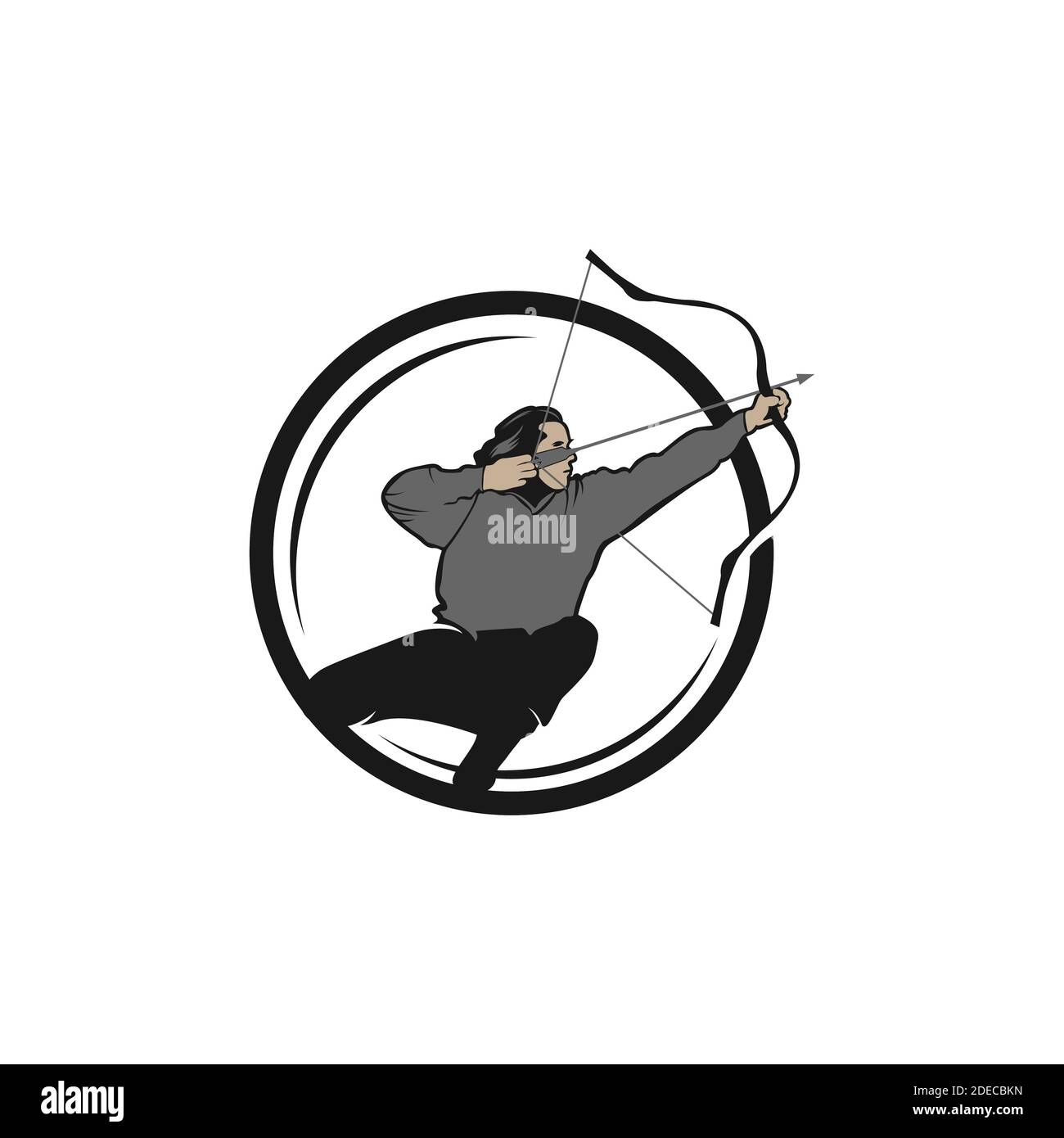 Logo con tiro con l'arco, concetto Vector badge, Archer con arco sportivo e bersaglio con freccia, tiro con l'arco competition.EPS 10 Illustrazione Vettoriale