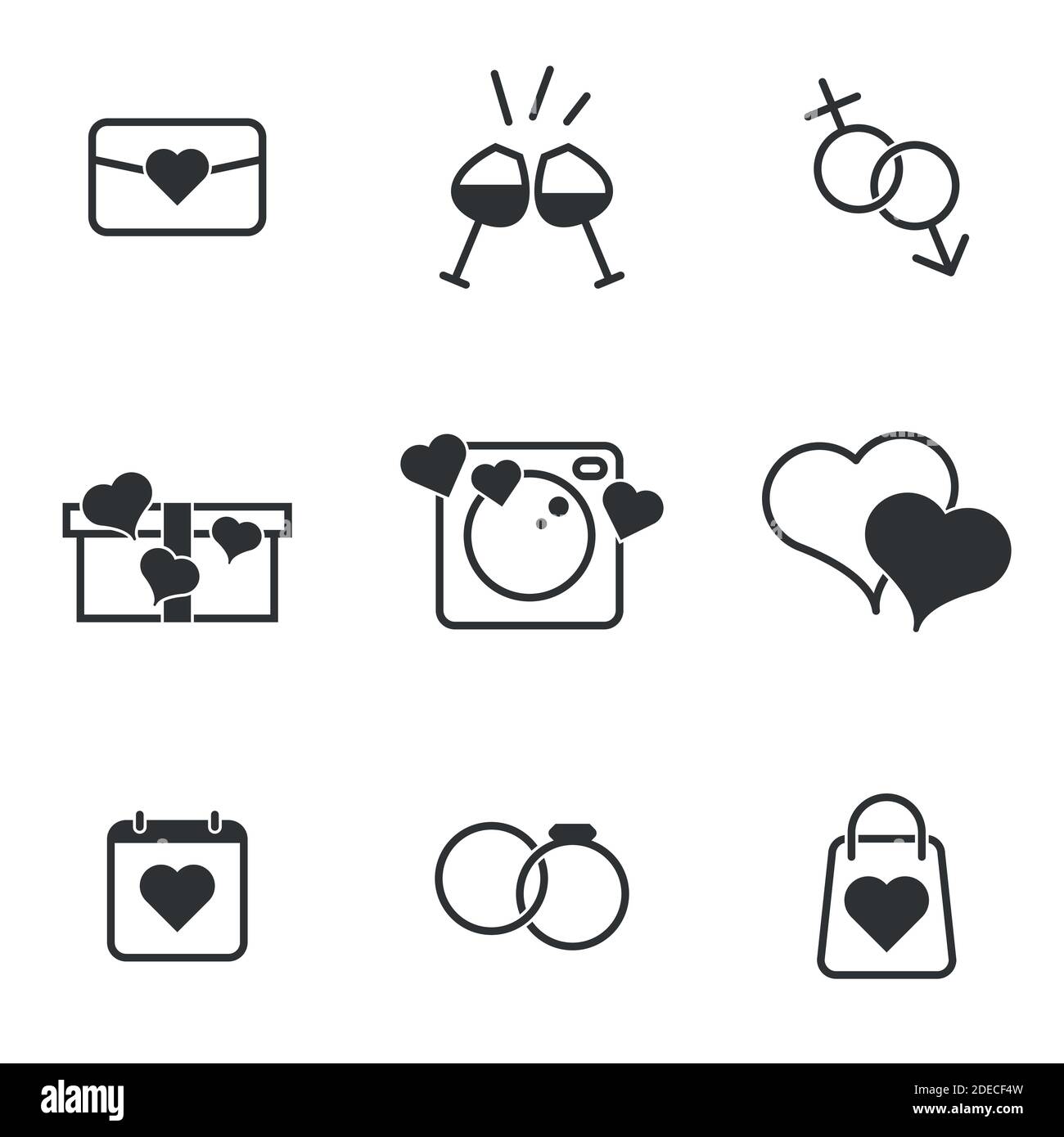 Set di icone vettoriali nere, isolate su sfondo bianco. Illustrazione piatta su un tema Amore Illustrazione Vettoriale