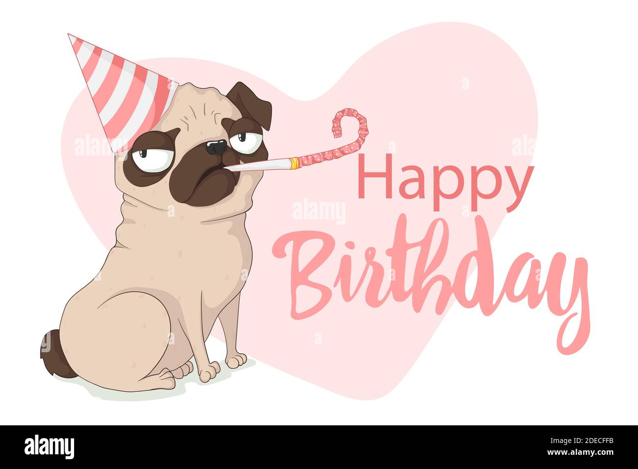 Carino cane pug grumpy con cappello di compleanno e fischio di festa. Illustrazione disegnata a mano vettoriale in stile cartoni animati con slogan. Isolato su sfondo bianco. Illustrazione Vettoriale