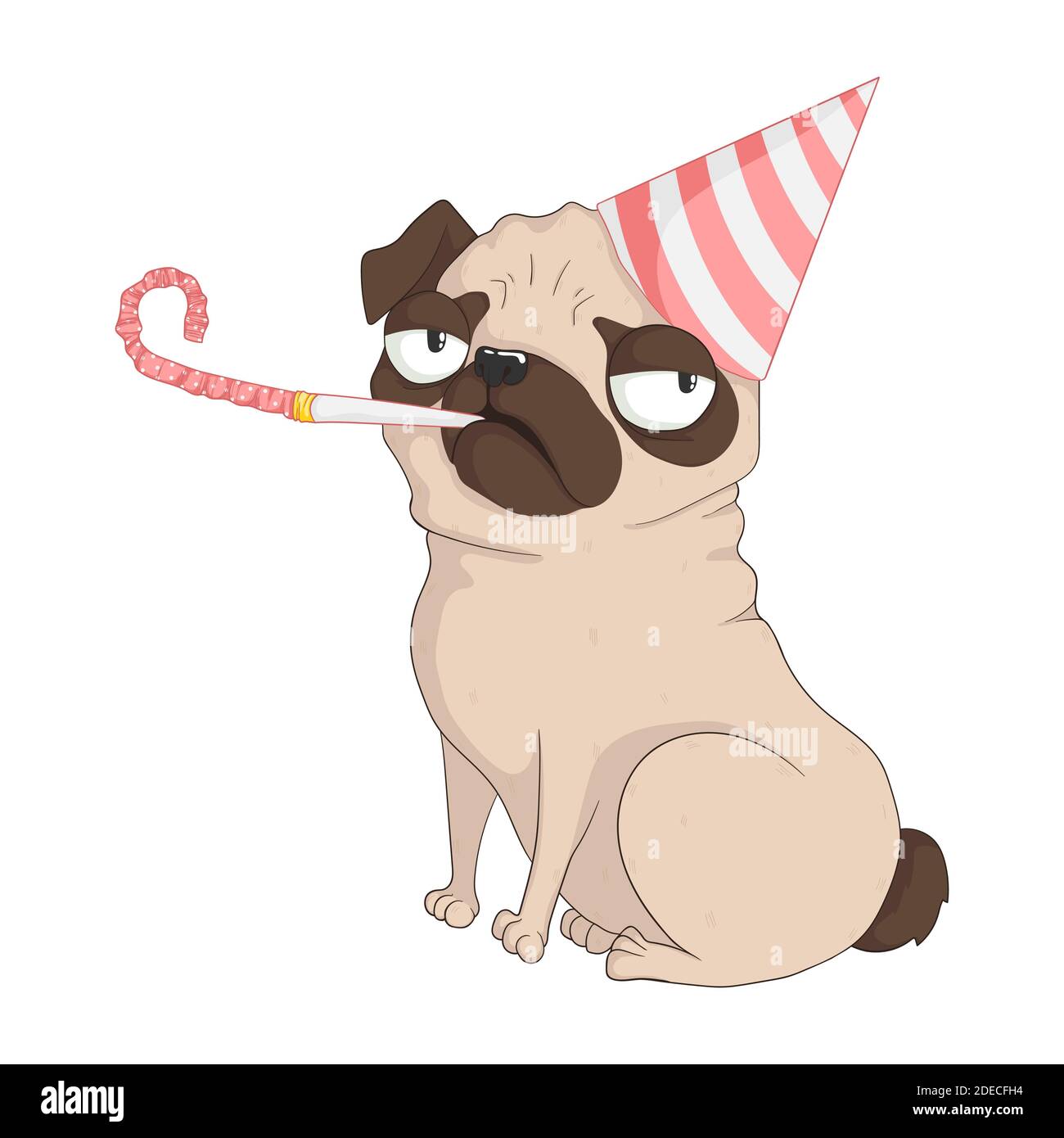 Carino cane pug grumpy con cappello di compleanno e fischio di festa. Illustrazione disegnata a mano vettoriale in stile cartoni animati. Isolato su sfondo bianco. Migliore per pr Illustrazione Vettoriale