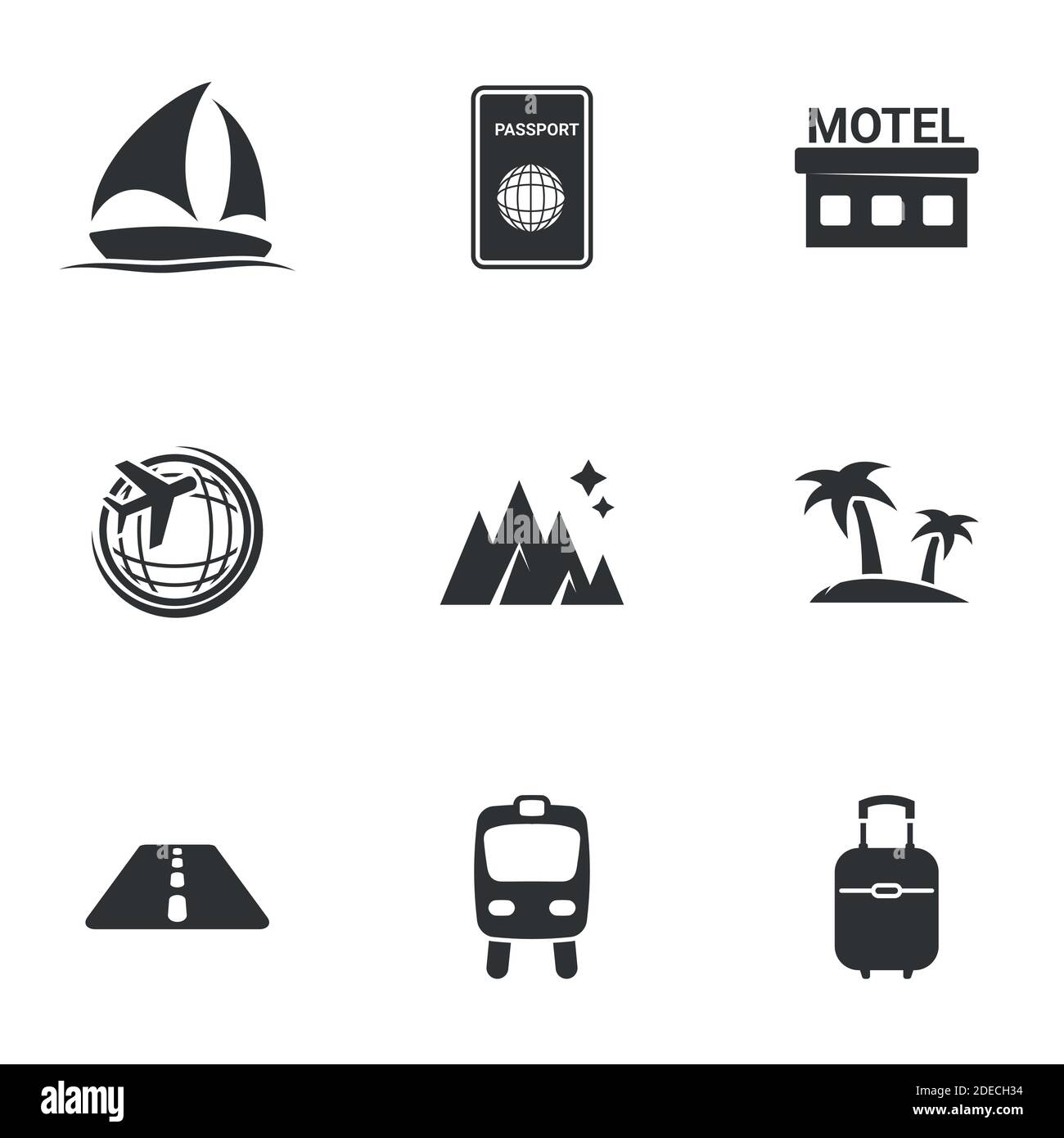 Icone per tema Viaggi e turismo. Sfondo bianco Illustrazione Vettoriale