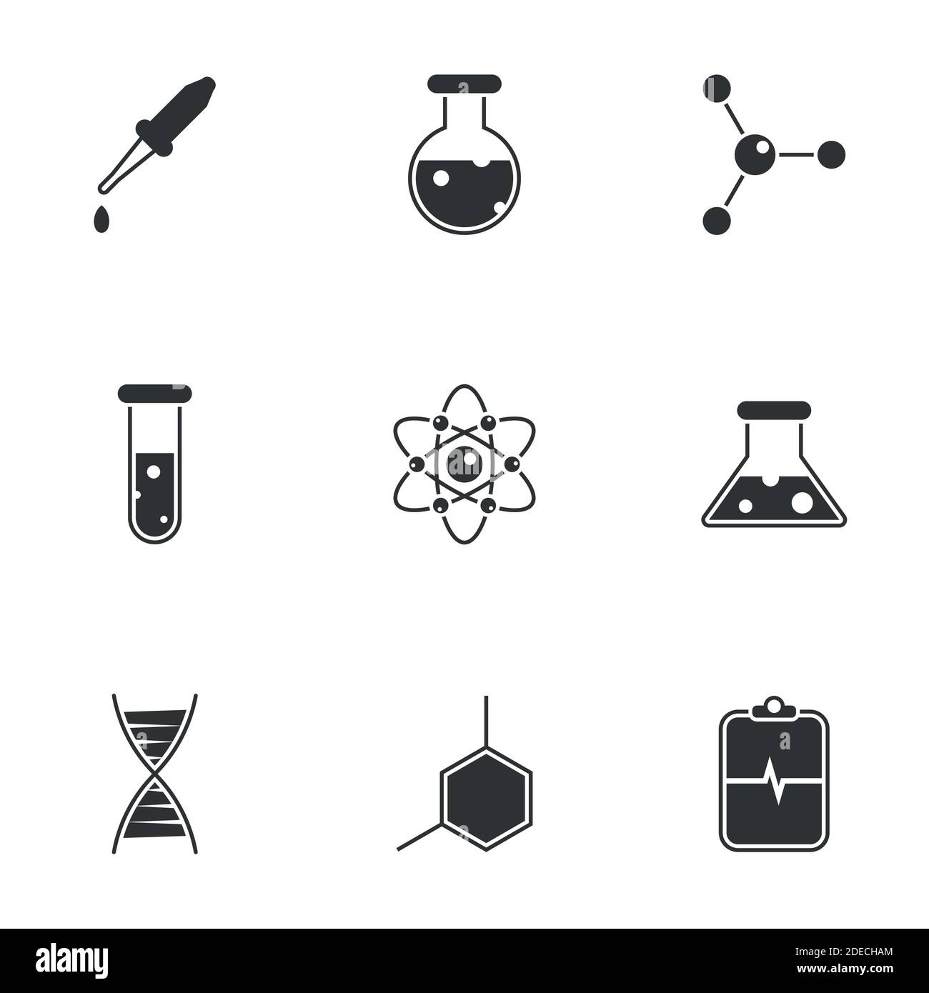 Icone per il tema chimica e scienza. Sfondo bianco Illustrazione Vettoriale