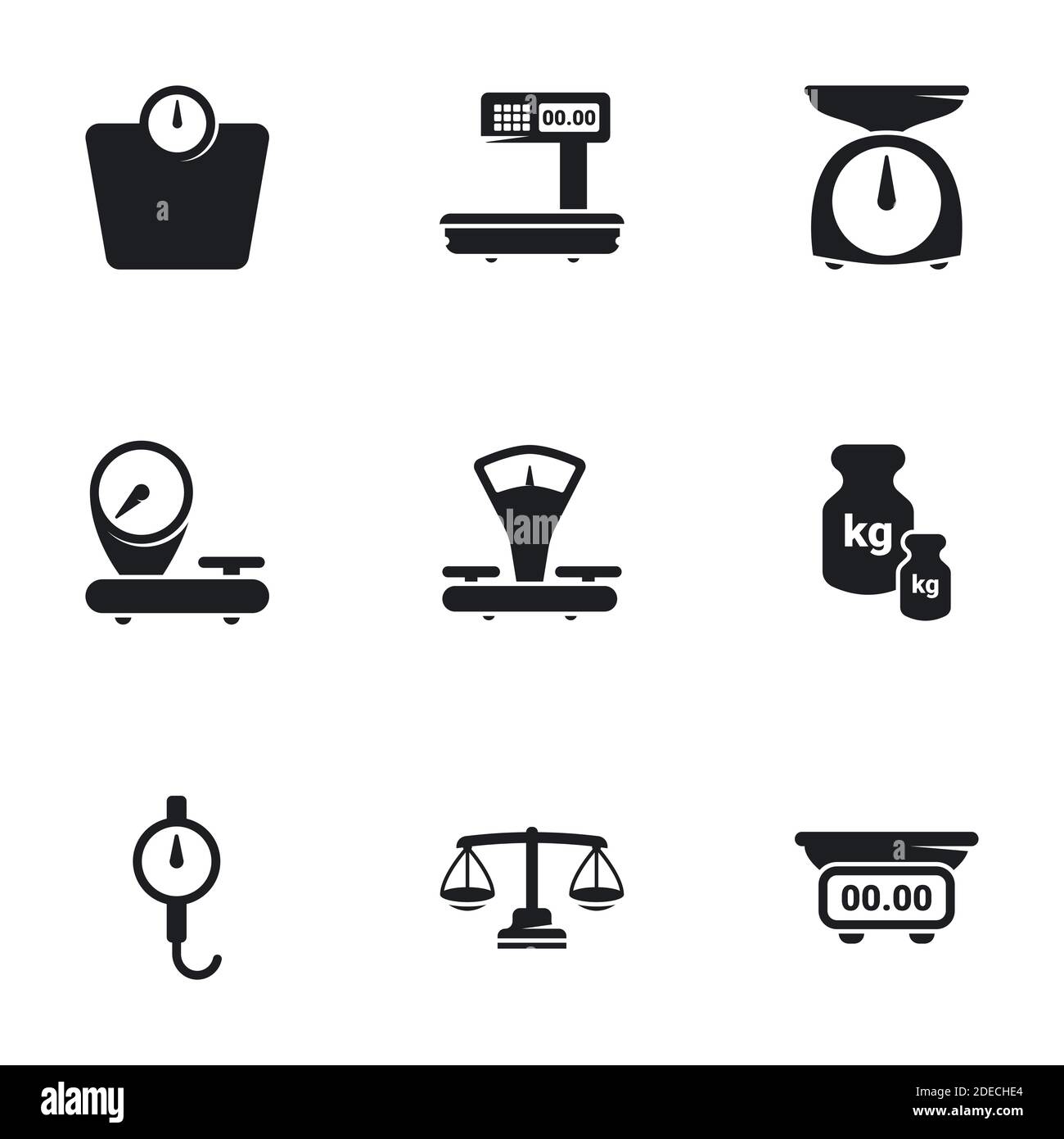 Icone per scale tematiche, pesatura, peso, bilanciamento. Sfondo bianco Illustrazione Vettoriale