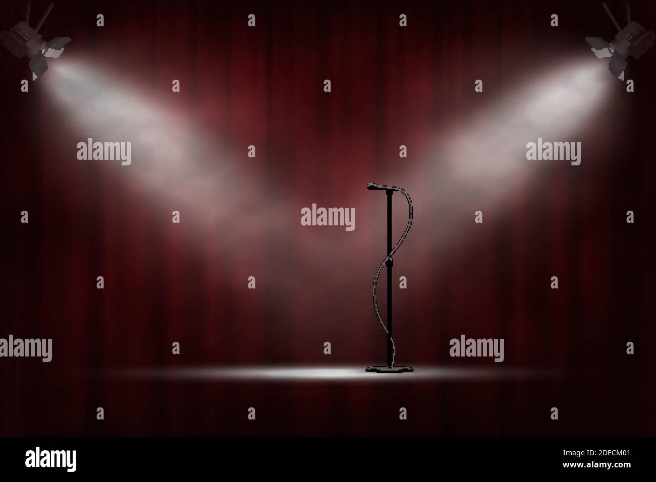 Microfono in piedi sul palco sotto i riflettori, sfondo a tenda rossa. Apertura dello spettacolo di cabaret, evento di celebrazione, annuncio, vettore di performance Illustrazione Vettoriale