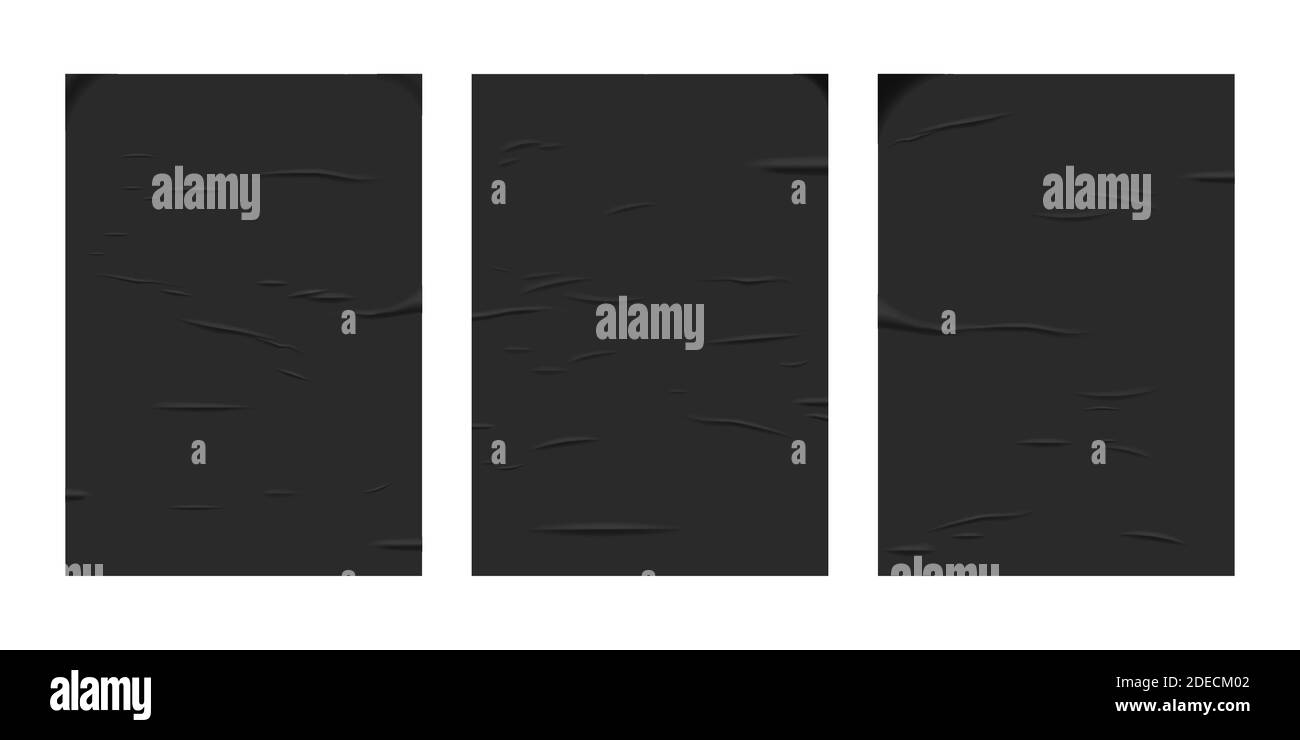 Foglio di carta nero incollato isolato su sfondo bianco. Pacchetto di poster vettoriali sminuzzati realistici. Le rughe bagnate sbozzano la struttura del modello. Vuoto Illustrazione Vettoriale