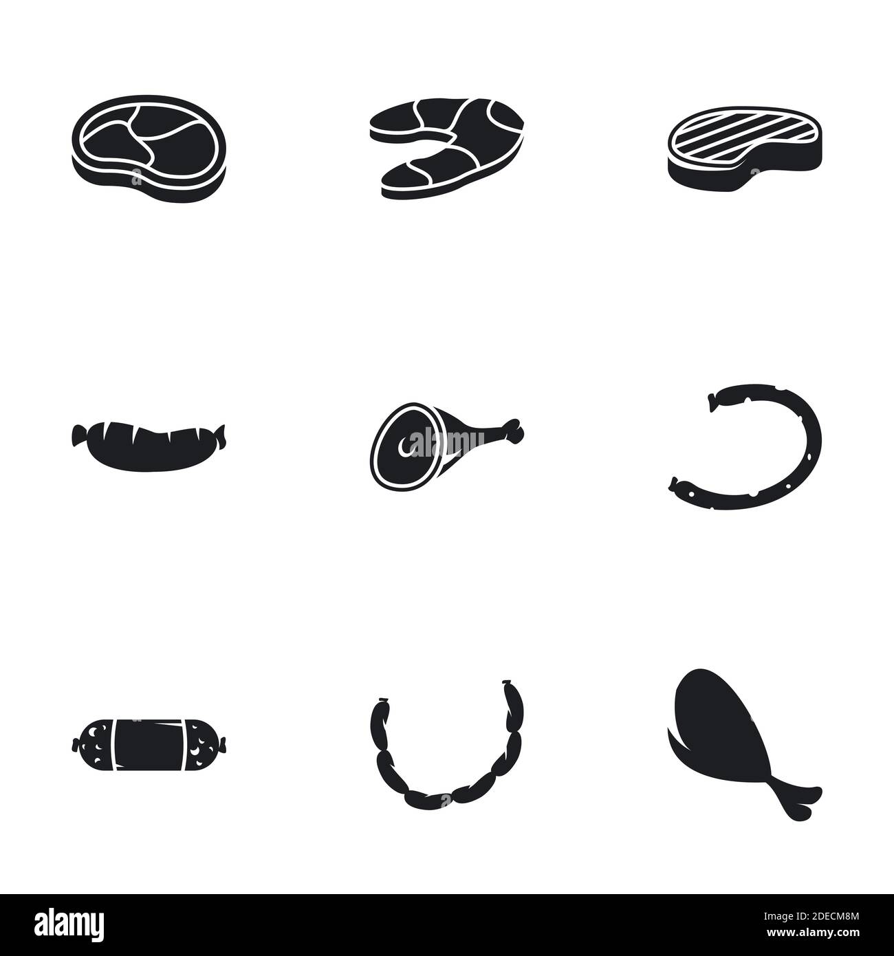 Icone per tema carne. Sfondo bianco Illustrazione Vettoriale