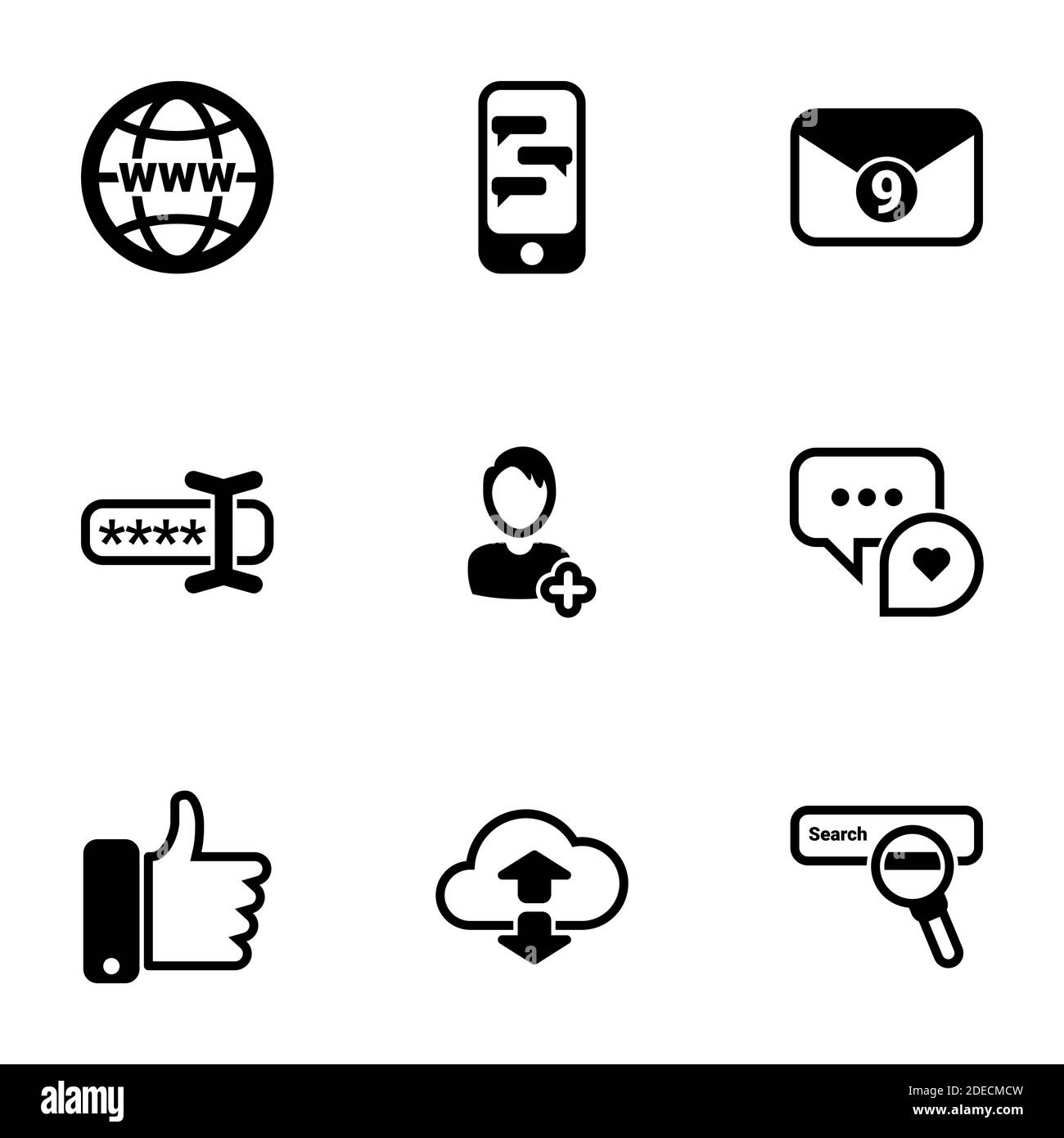 Insieme di icone semplici su un tema Thumb up, conversazioni, comunicazioni sociali, reti, internet, vettore, set. Sfondo bianco Illustrazione Vettoriale