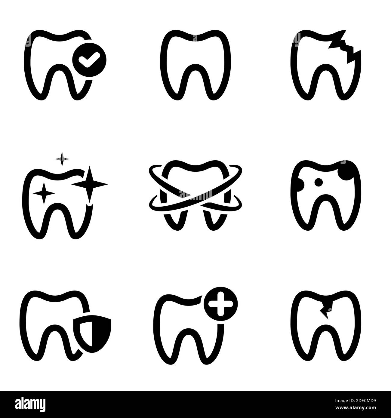 Insieme di icone semplici su un tema denti, odontoiatria, vettore, insieme. Sfondo bianco Illustrazione Vettoriale