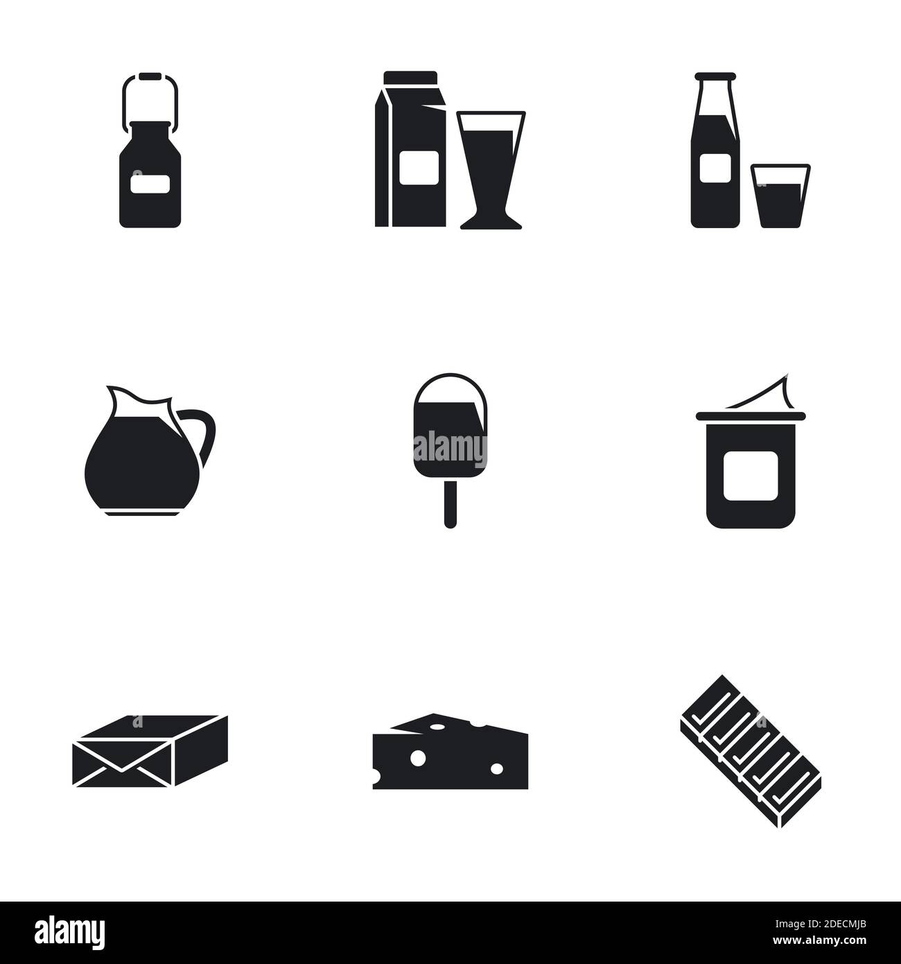 Icone per il tema Dairy, Vector, Icon, Set. Sfondo bianco Illustrazione Vettoriale