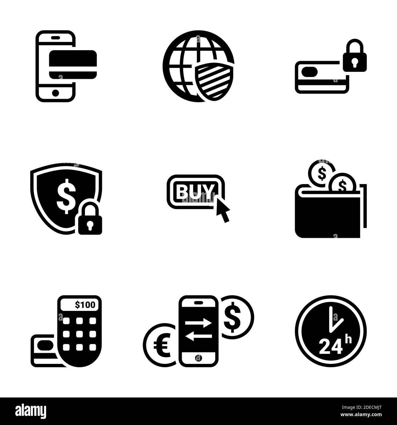 Insieme di icone semplici su un tema soldi del Internet, fotoricettore, scambio, shopping, vettore, insieme. Sfondo bianco Illustrazione Vettoriale