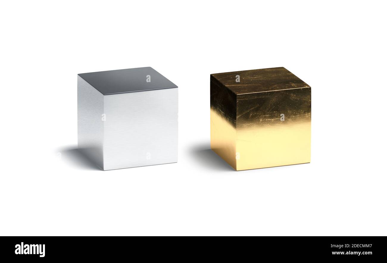 Set di mockup in argento lucido bianco e cubo oro, rendering 3d. Scatola vuota cromata e geometria dorata mock-up, isolata. Figura metallica graffiata trasparente sta Foto Stock