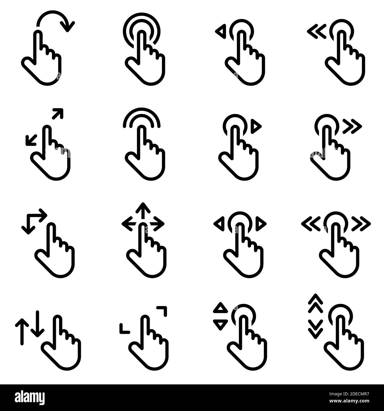 Icone per il tema clic, clic, mano, gesti, vettore, icona, Imposta. Sfondo bianco Illustrazione Vettoriale