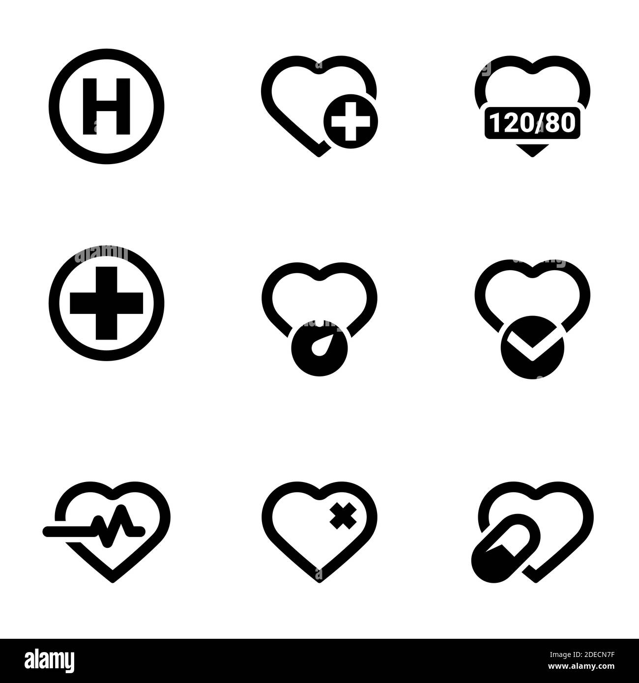 Icone per il tema Cardiologia, cuore, farmacia, medicina, vettore, icona, insieme. Sfondo bianco Illustrazione Vettoriale