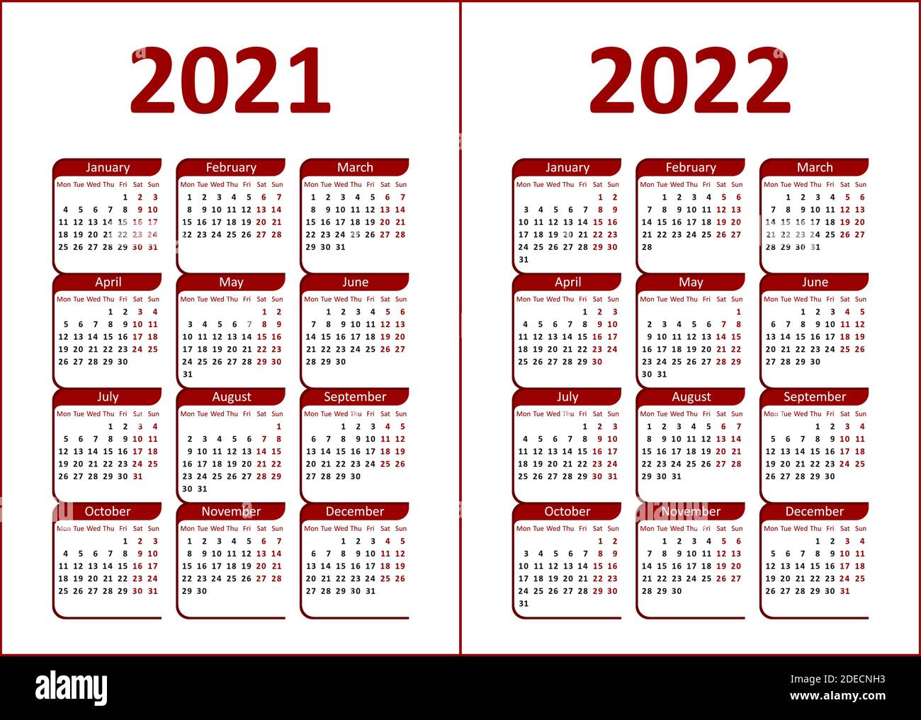Calendario per il 2021, 2022. Lettere e cifre rosse e nere su sfondo bianco. La settimana inizia il lunedì. Illustrazione Vettoriale