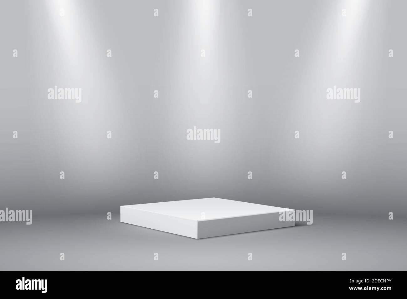 Podio grigio quadrato per prodotto. piedistallo 3d nell'illustrazione vettoriale spotlight. Palco geometrico sul pavimento in camera. Astratto luogo realistico per Illustrazione Vettoriale