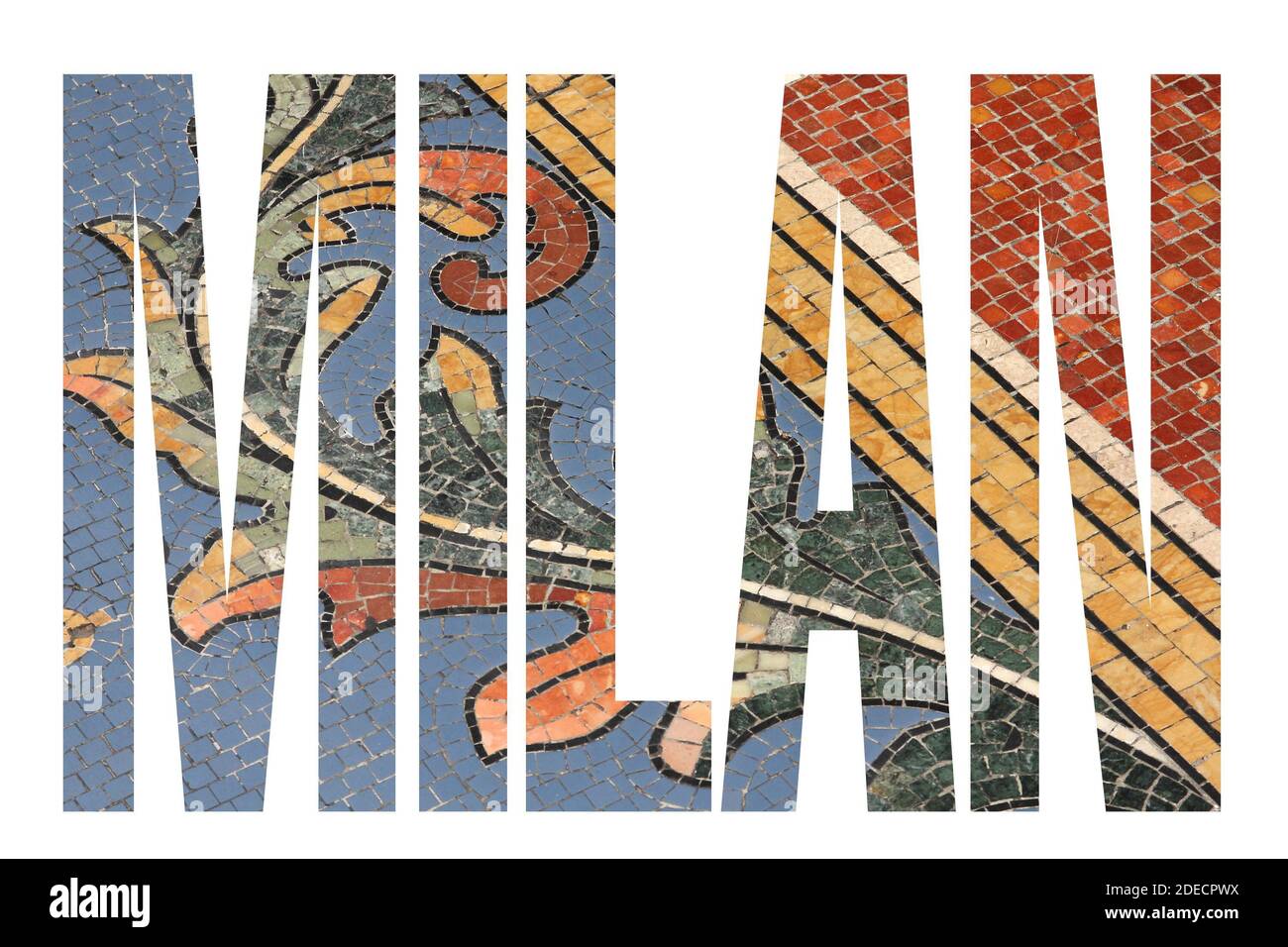 Milano, Italia - cartello con scritto il nome della città con la foto sullo sfondo. Isolato su bianco. Foto Stock