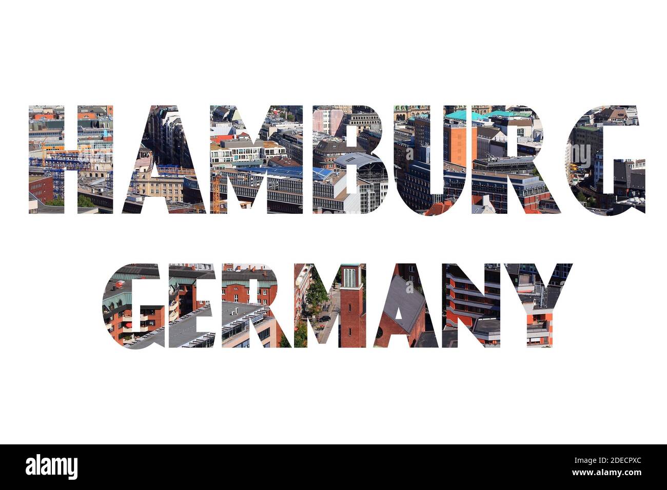 Amburgo, Germania - simbolo del nome della città con foto sullo sfondo. Isolato su bianco. Foto Stock