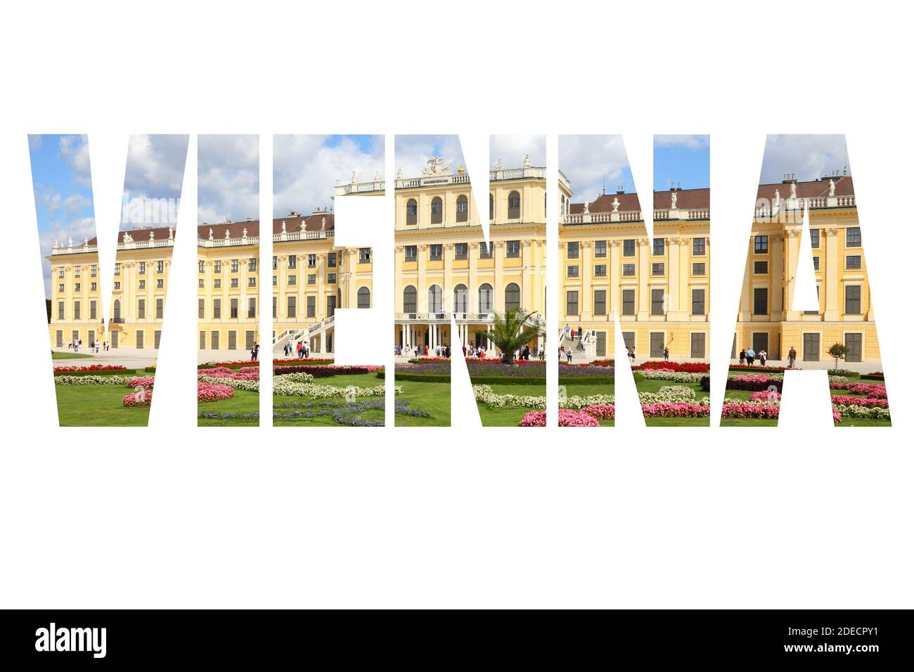 Vienna, Austria - simbolo del nome della città con foto sullo sfondo. Isolato su bianco. Foto Stock