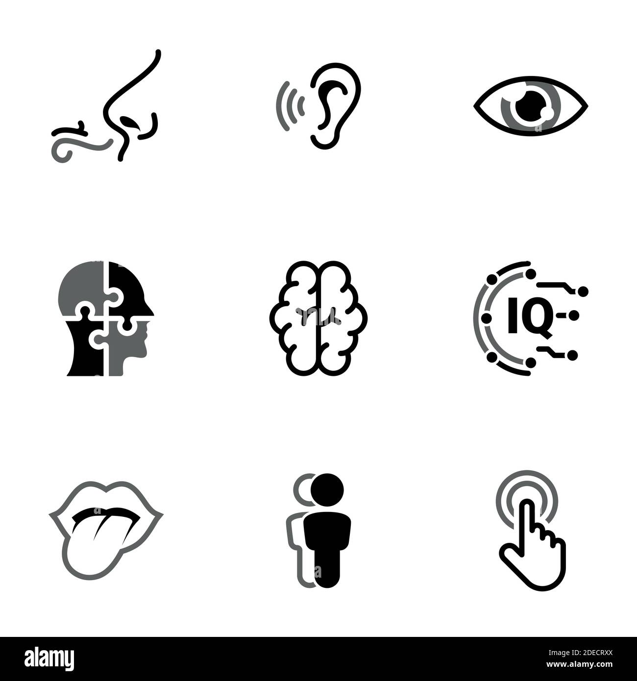 Insieme di icone semplici su un tema organi senso, uomo, mente, elaborazione, percezione, intelletto , vettore, insieme. Icone nere isolate su sfondo bianco Illustrazione Vettoriale