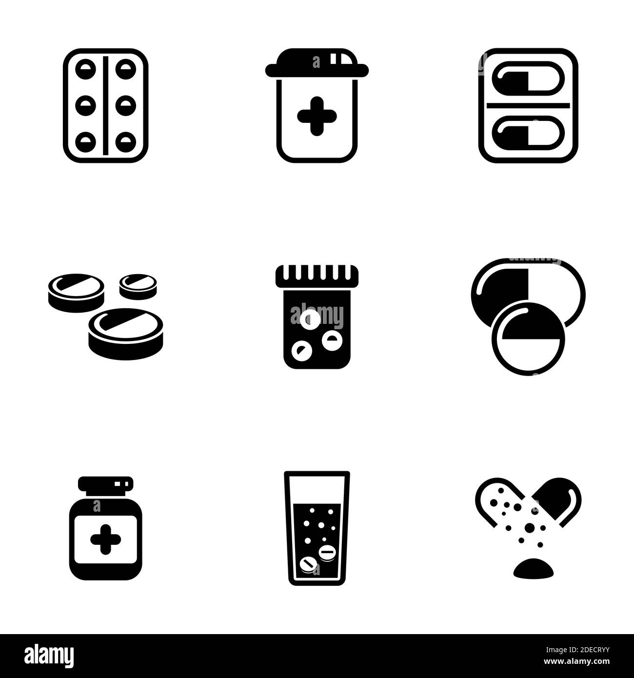 Insieme di icone semplici su un tema farmaci, farmaci, compresse, antidepressivi, vettore, set. Sfondo bianco Illustrazione Vettoriale