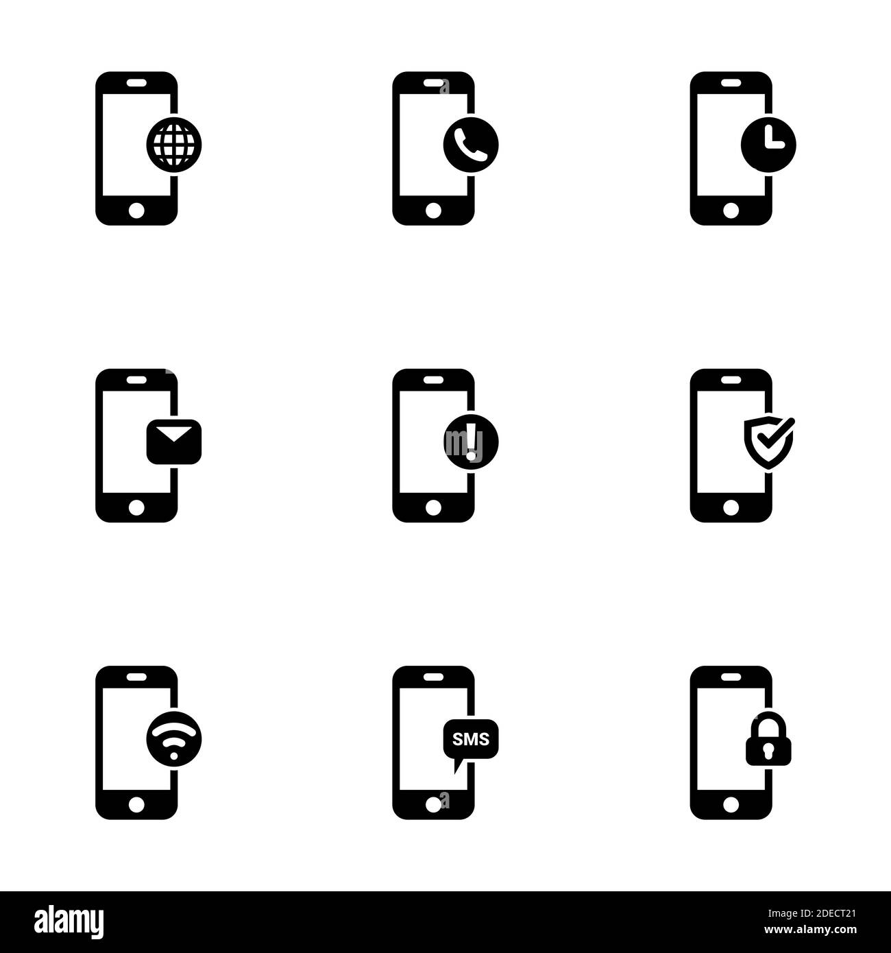 Set di icone semplici su un tema funzioni del telefono, funzionalità, notifica, comunicazione, Internet, messaggio, vettore, set. Sfondo bianco Illustrazione Vettoriale