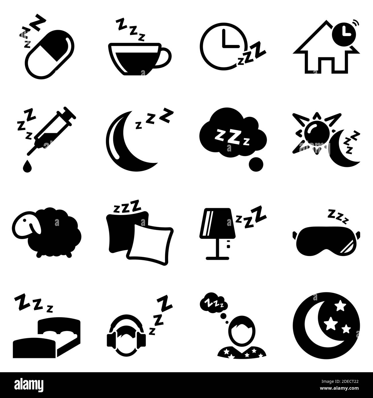 Insieme di icone semplici su un tema sonno, camera da letto, casa, illuminazione, notte, vettore, set, piatto, segno, simbolo, oggetto. Icone nere isolate contro bac bianco Illustrazione Vettoriale
