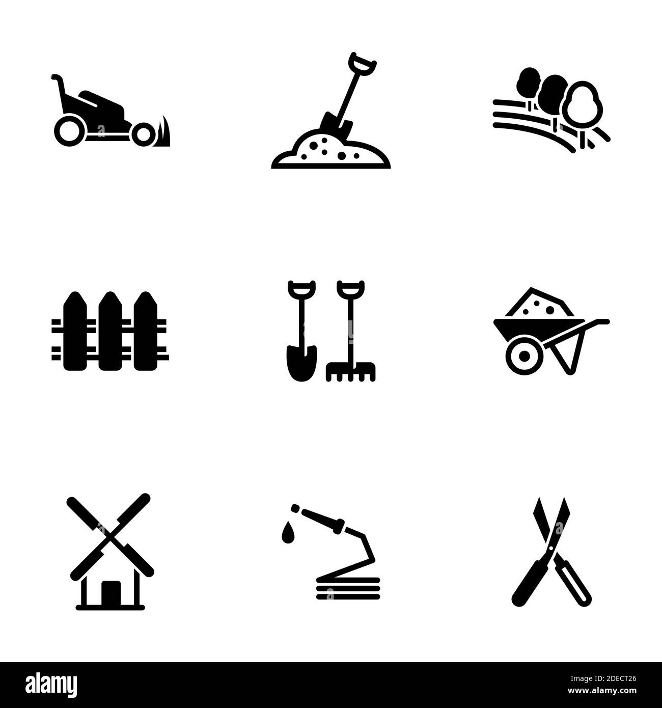 Insieme di icone semplici su un tema Agricoltura, trama, giardino, vettore, insieme. Sfondo bianco Illustrazione Vettoriale