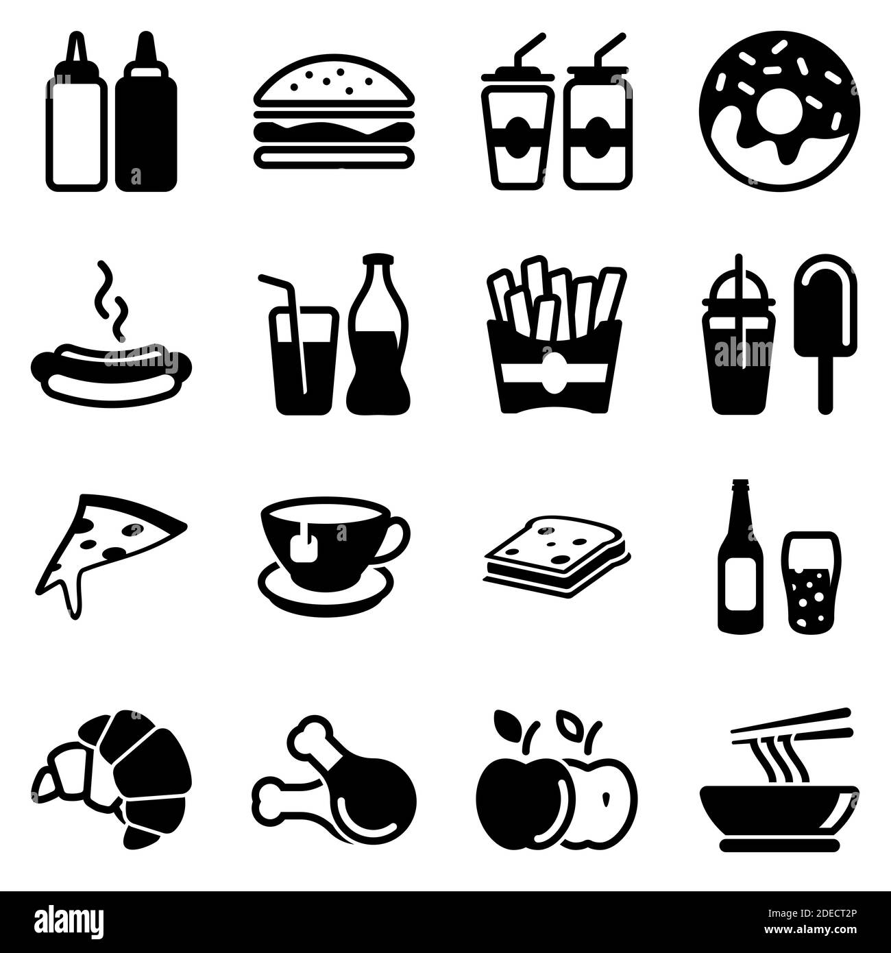 Set di icone semplici su un tema fast food, bevande, caffè, alcol, ristorante, dolci, cibo nocivo, campo da mangiare, vettore, set. Le icone nere si isolano di nuovo Illustrazione Vettoriale