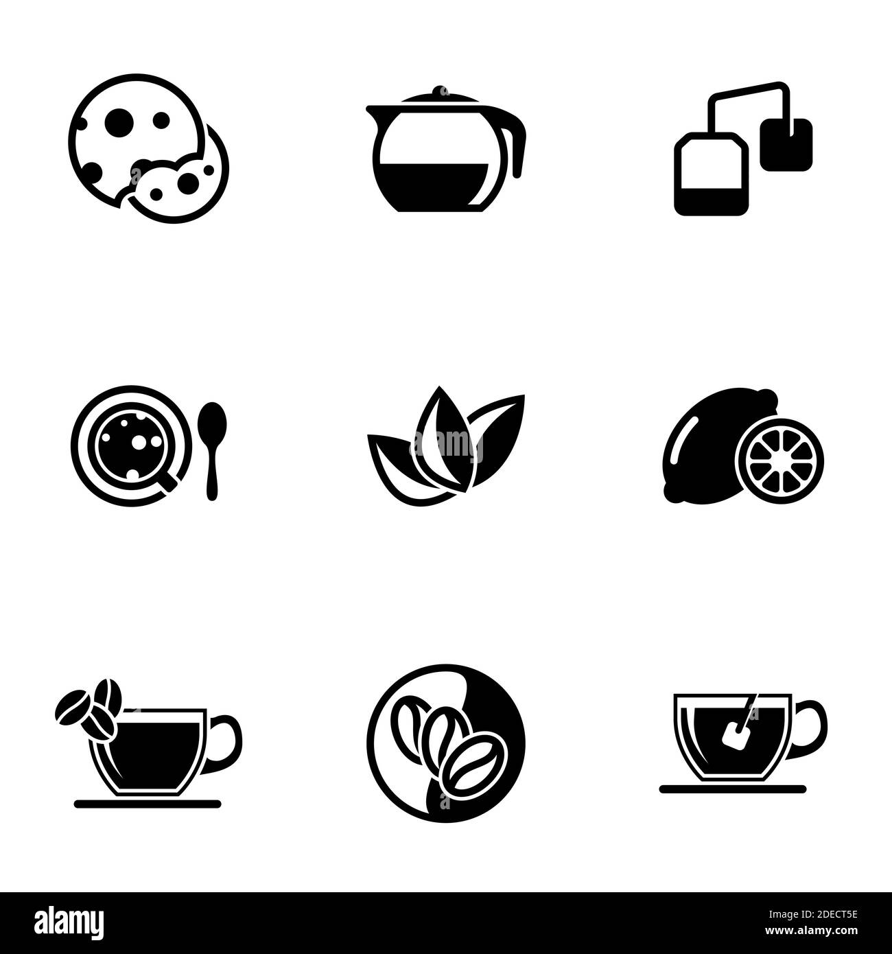 Set di icone semplici su un tema biscotti, tè, bevanda, caffè, limone, lime, vettore, set. Sfondo bianco Illustrazione Vettoriale