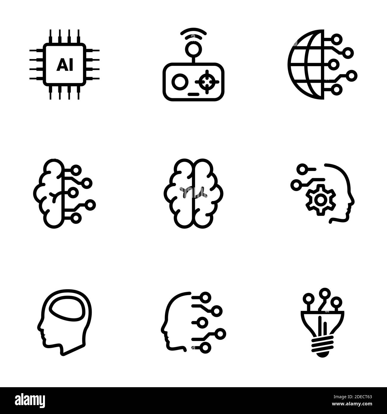 Insieme di icone semplici su un tema intelletto artificiale, mente, tecnologia, vettore, insieme. Sfondo bianco Illustrazione Vettoriale