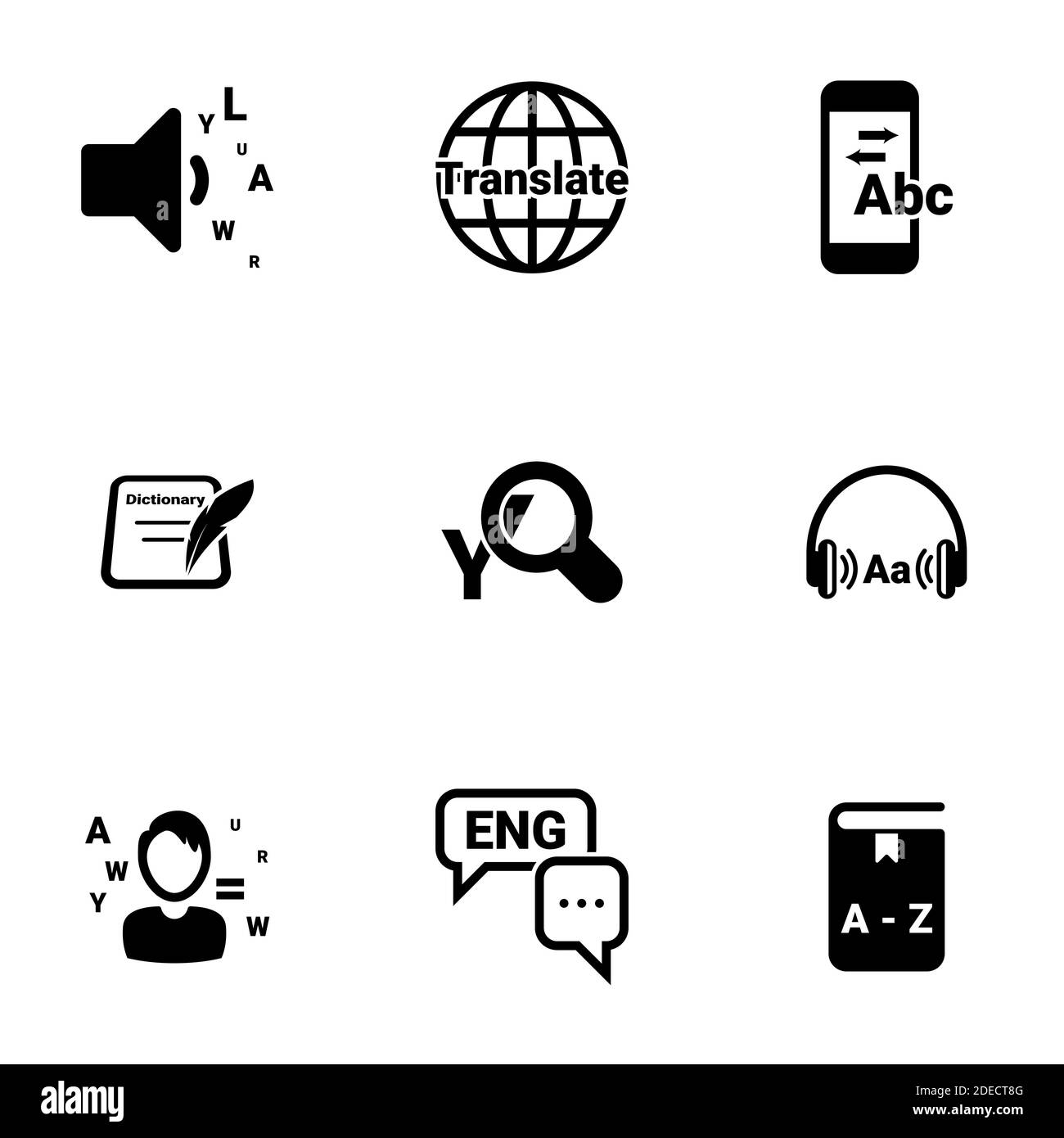 Insieme di icone semplici su un tema Dizionario, traduttore, formazione , vettore, set. Sfondo bianco Illustrazione Vettoriale