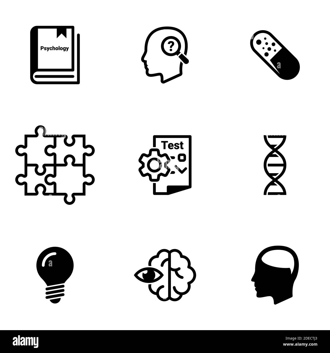 Insieme di icone semplici su un tema Psicologia, apprendimento, e, apprendimento, scienza, osservazione, vettore, insieme. Sfondo bianco Illustrazione Vettoriale