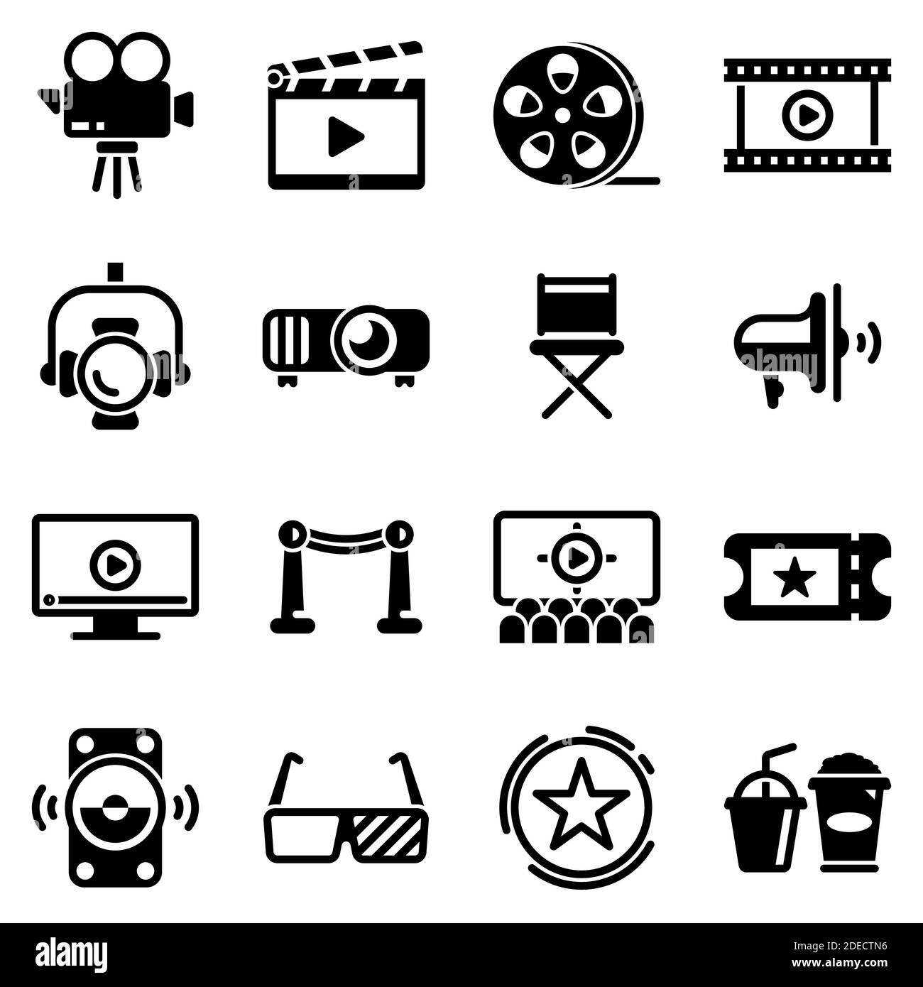 Insieme di icone semplici su un tema Cinema, teatro, intrattenimento, suono, monitor, vicolo fama, illuminazione, luce, vettore, design, piatto, segno, simbolo, oggetto Illustrazione Vettoriale