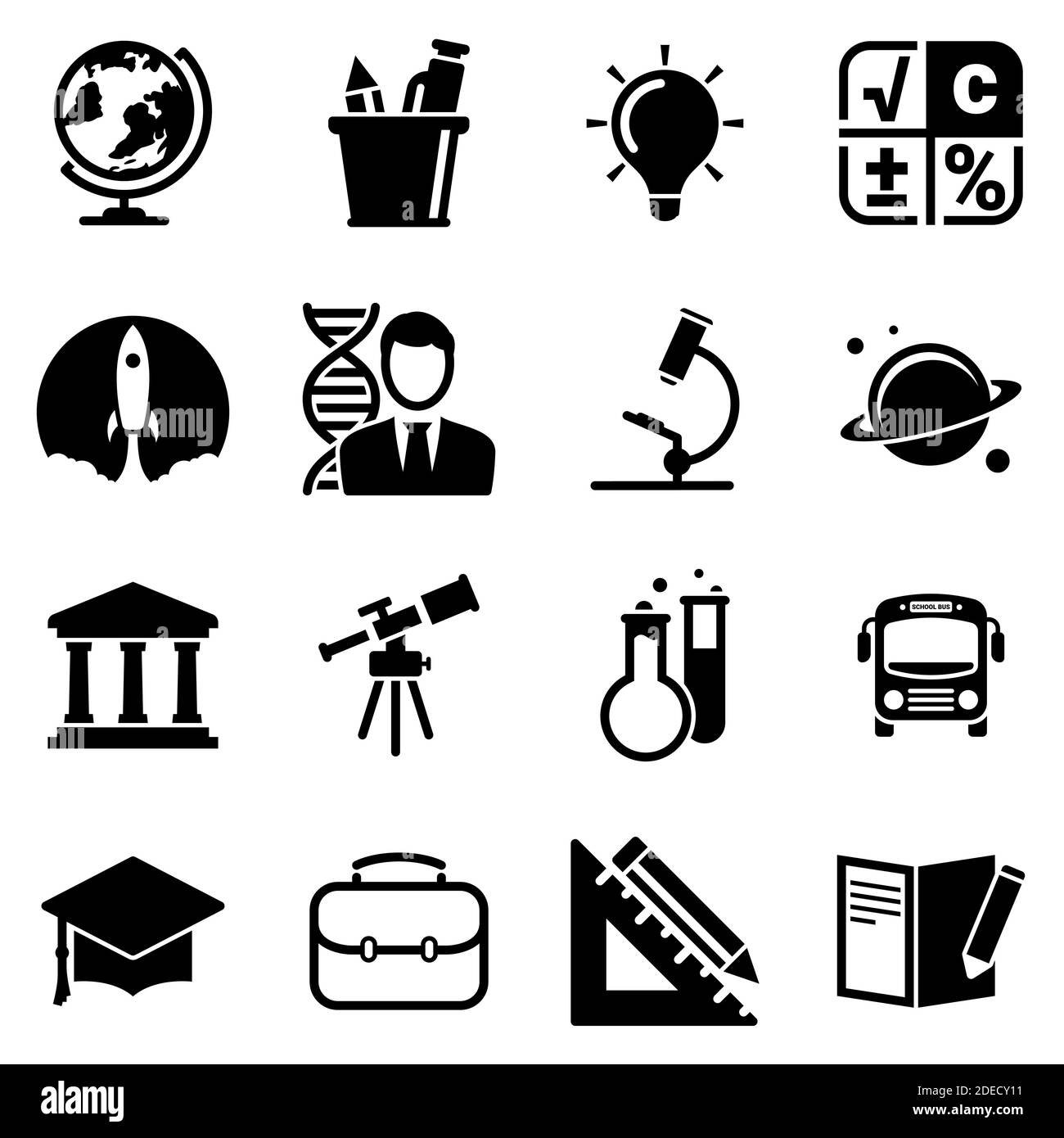 Insieme di icone semplici su un tema Scuola, studio, istruzione, studente, vettore, disegno, collezione, piatto, segno, simbolo, elemento, oggetto, illustrazione. Nero Illustrazione Vettoriale