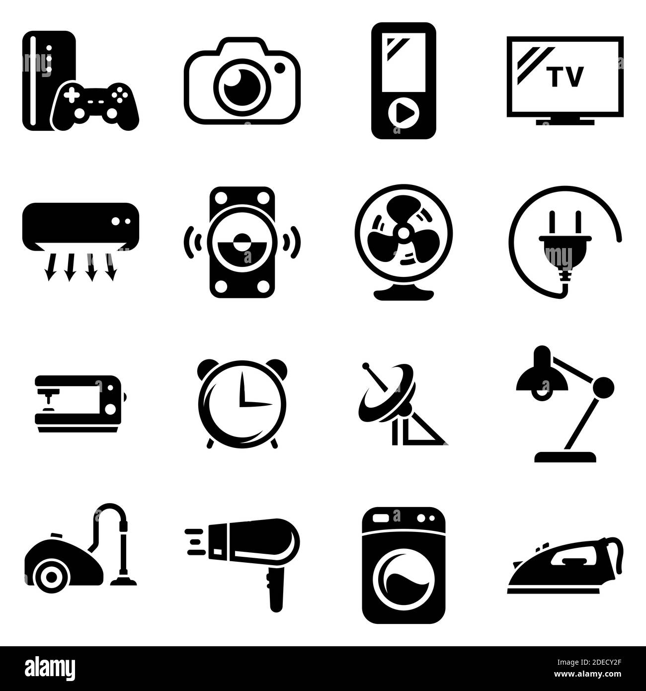 Set di icone semplici su un tema Casa, elettrodomestici, casa, vettore, disegno, collezione, piatto, segno, simbolo, elemento, oggetto, illustrazione. Nero i Illustrazione Vettoriale