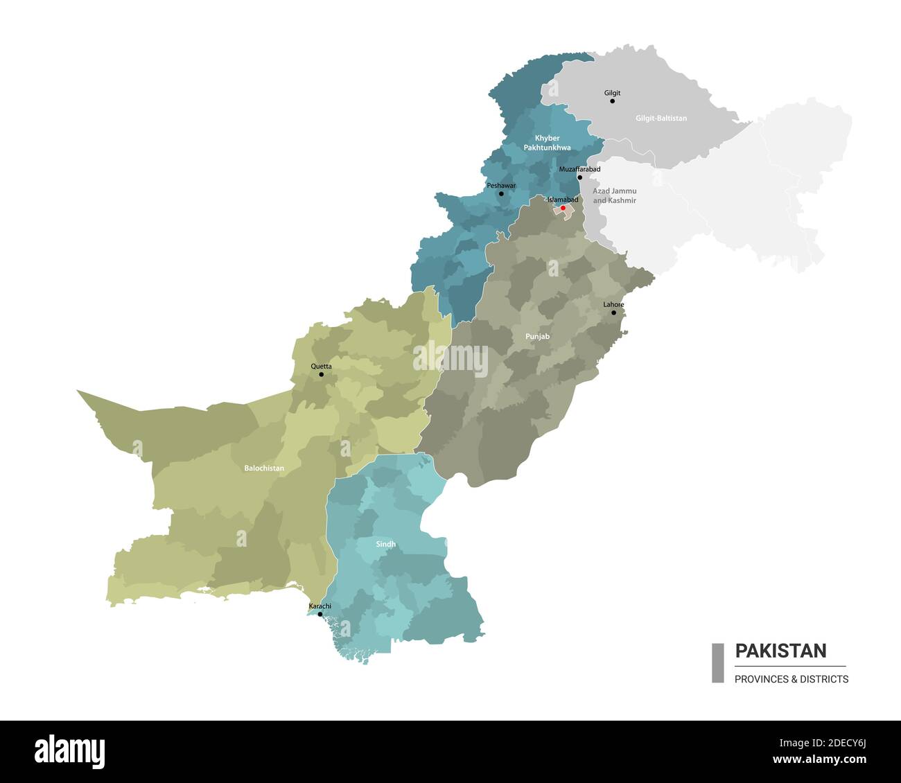 Pakistan higt mappa dettagliata con suddivisioni. Mappa amministrativa del Pakistan con il nome di distretti e città, colorata per stati e dist amministrativo Illustrazione Vettoriale