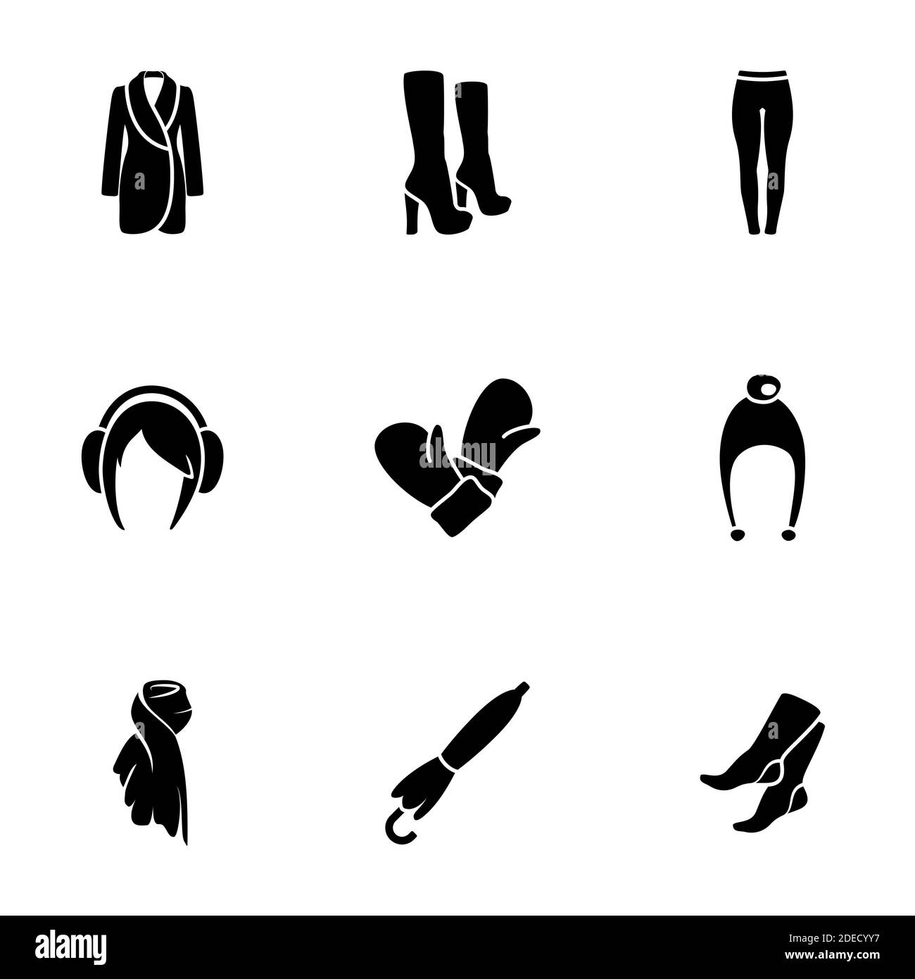 Set di icone semplici su un tema donna abbigliamento, vettore, disegno, collezione, piatto, segno, simbolo, elemento, oggetto, illustrazione, isolato. Sfondo bianco Illustrazione Vettoriale