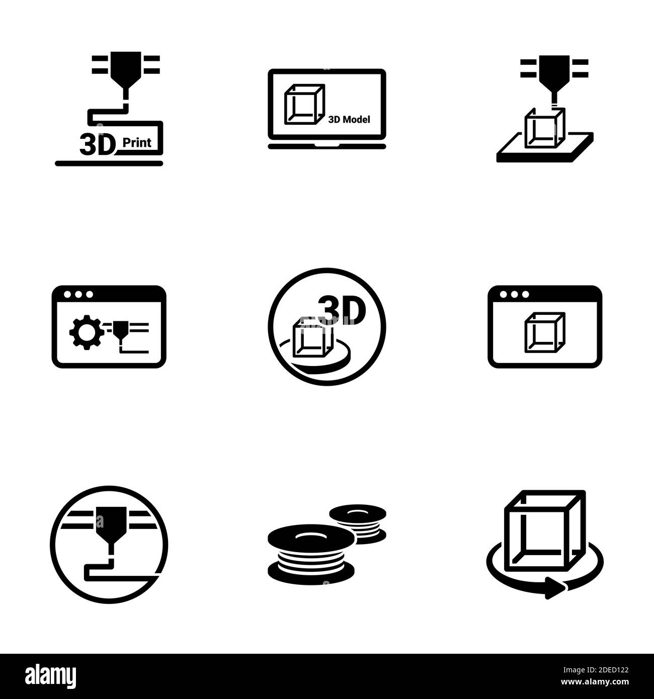 Insieme di icone semplici su un tema 3D Stampa, vettore, disegno, collezione, piatto, segno, simbolo, elemento, oggetto, illustrazione, isolato. Sfondo bianco Illustrazione Vettoriale