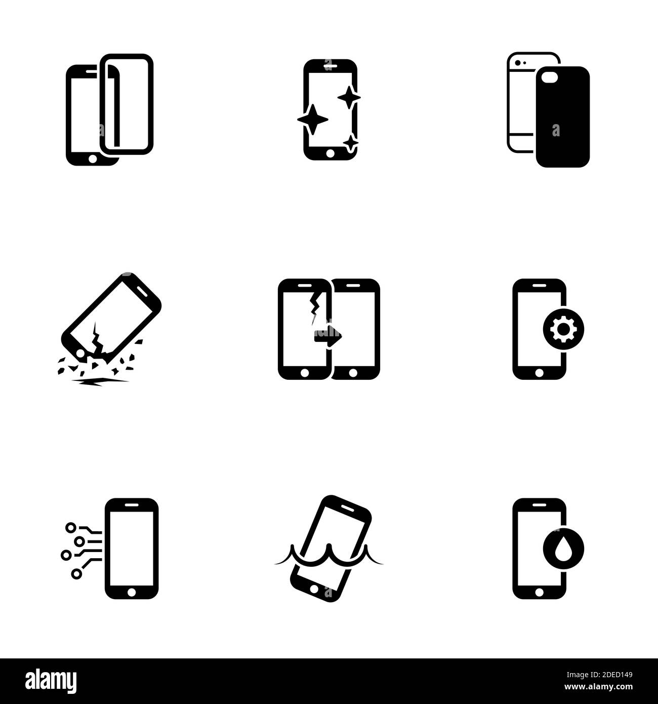 Set di icone semplici su uno smartphone riparazione tema, vettore, design, collezione, piatto, segno, simbolo, elemento, oggetto, illustrazione, isolato. Sfondo bianco Illustrazione Vettoriale