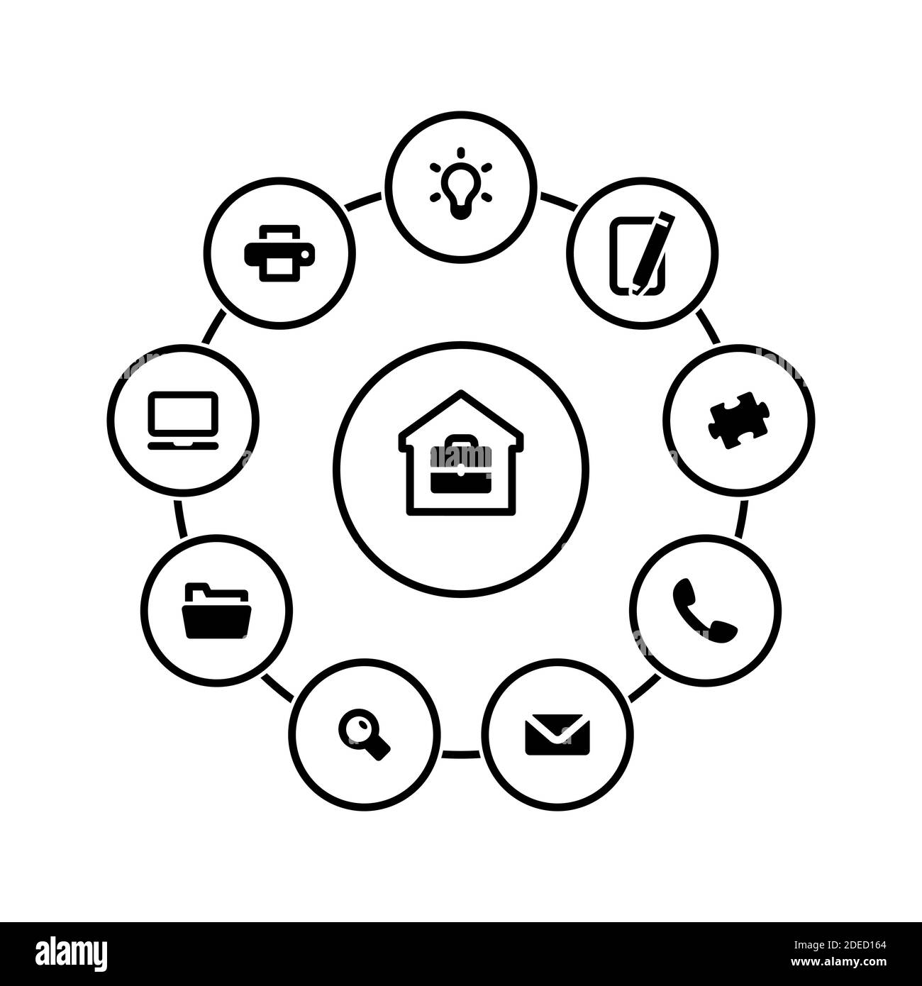 Insieme di icone semplici su un tema lavoro remoto, vettore, disegno, collezione, piatto, segno, simbolo, elemento, oggetto, illustrazione, isolato. Sfondo bianco Illustrazione Vettoriale