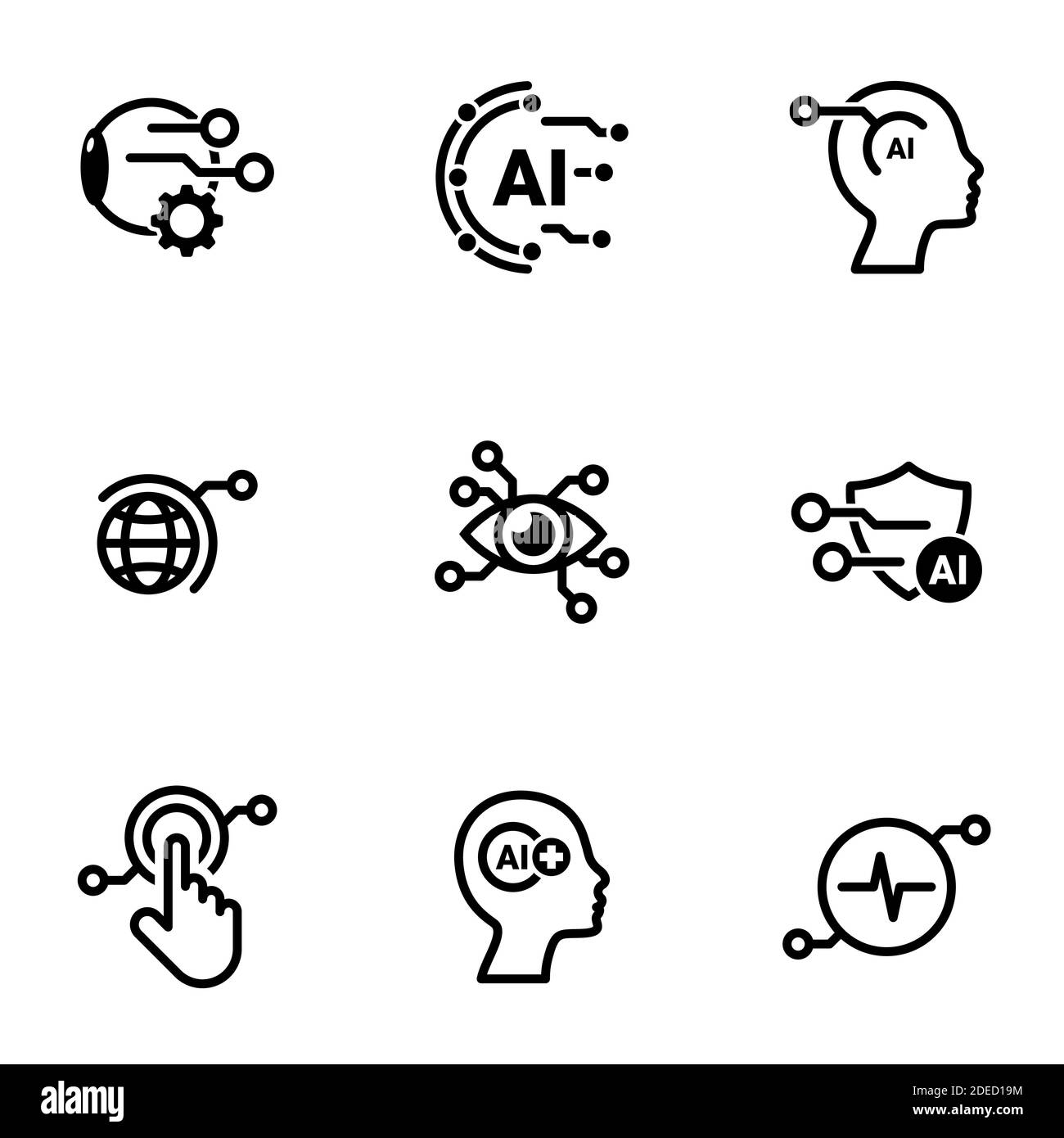 Insieme di icone semplici su un tema intelligenza artificiale, vettore, disegno, collezione, piatto, segno, simbolo, elemento, oggetto, illustrazione, isolato. Bianco Illustrazione Vettoriale
