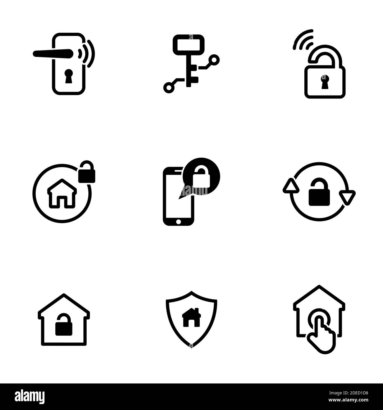 Insieme di icone semplici su un tema Smart door lock, vettore, design, collezione, piatto, segno, simbolo, elemento, oggetto, illustrazione, isolato. Sfondo bianco Illustrazione Vettoriale