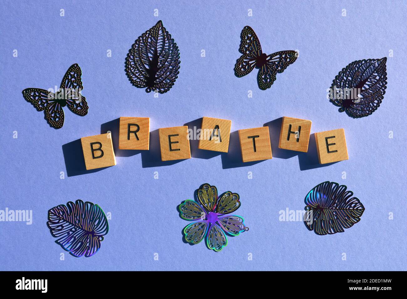 Respira, parola in lettere alfabetiche in legno con forma a foglia e farfalla isolato su sfondo viola Foto Stock