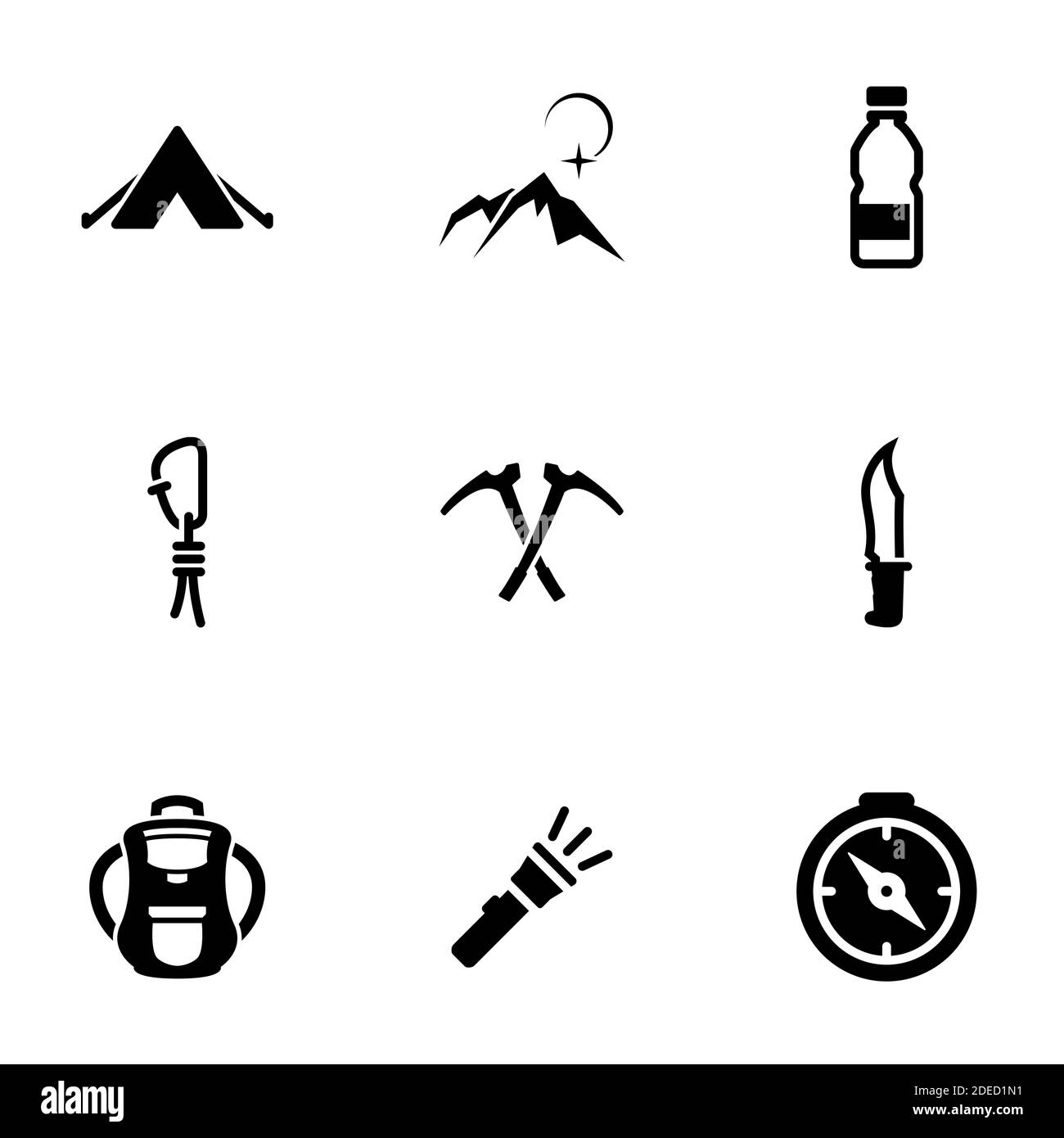 Set di icone nere isolate su sfondo bianco, sul tema Mountaineering Illustrazione Vettoriale