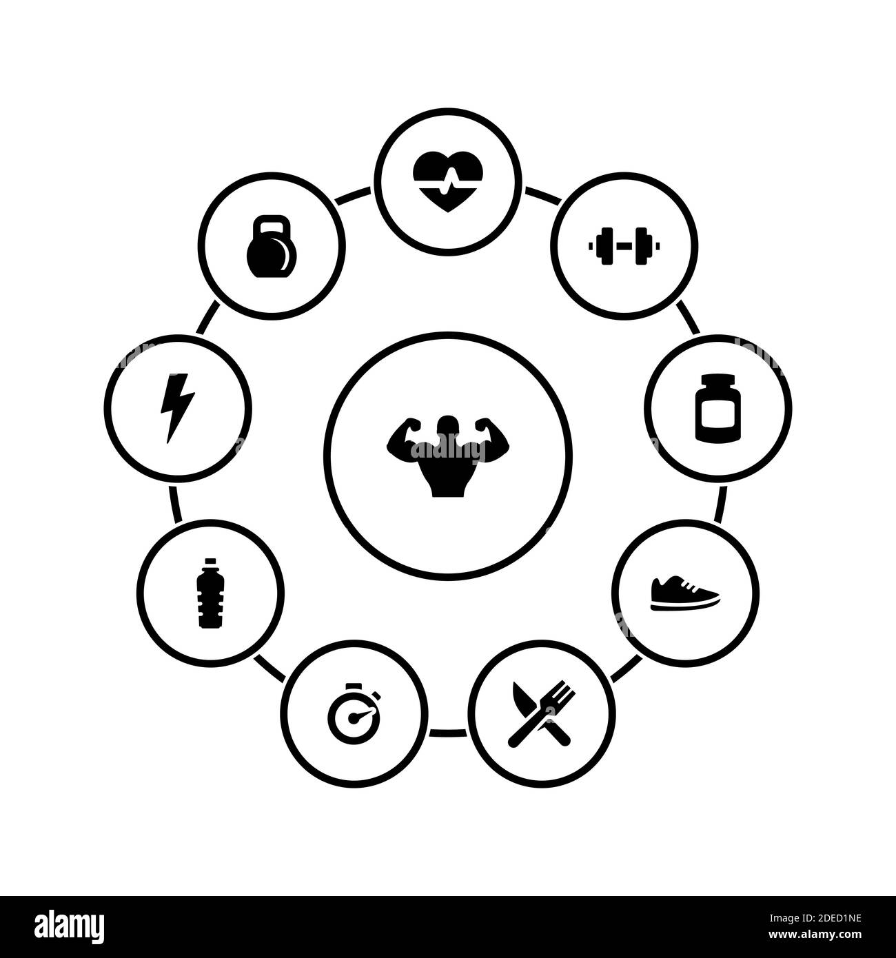 Insieme di icone semplici su un tema Fitness, vettore, disegno, collezione, piatto, segno, simbolo, elemento, oggetto, illustrazione, isolato. Sfondo bianco Illustrazione Vettoriale